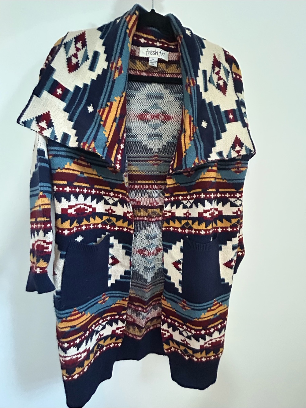 Navy, Cream, Rust, Teal Aztec Open-Front Cardigan